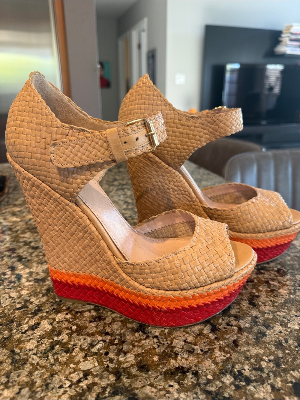Tan Woven Platform Wedge Sandals with Red & Orange Accent